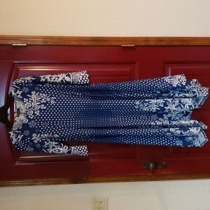 Reborn Fit & Flare Handerchief Dress Flattering Fit Blue & White 3/4 Sleeve